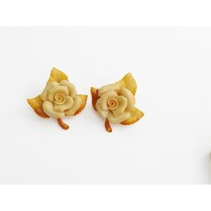 Vintage Celluloid Rose Brooch Set Cream Amber Floral Pin Mid Century Jewelry